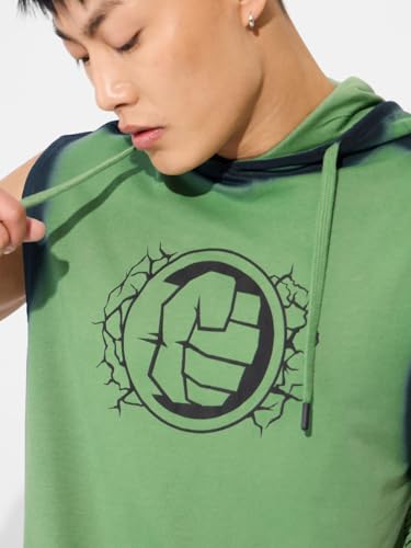Image of The Souled Store Hulk: Always Angry Men and Boys Sleeveless Green Graphic Printed Regular Fit Cotton Hooded T-Shirts
