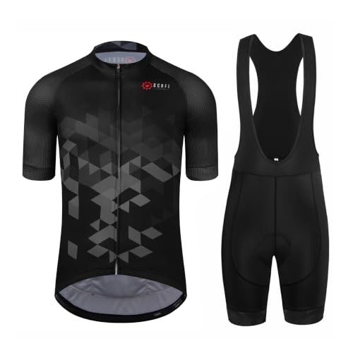 GCRFL Mens Cycling Jersey Set Road Bike Shorts Sleeves Jersey Zipper Pokcet Bib Shorts with Padded Cycling Clothing kit Men (Black 1 XL)