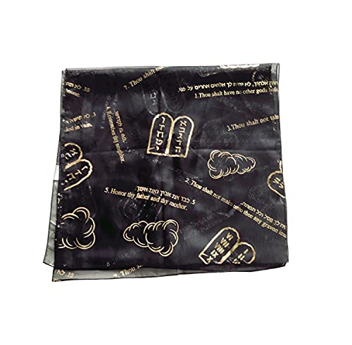 Holy Land Market Womens Gold Model III Christian Prayer Shawl/Head Scarf - Biblical Head Shawls and Cover - 10 Commandments (60 x 20 in) - Black Color