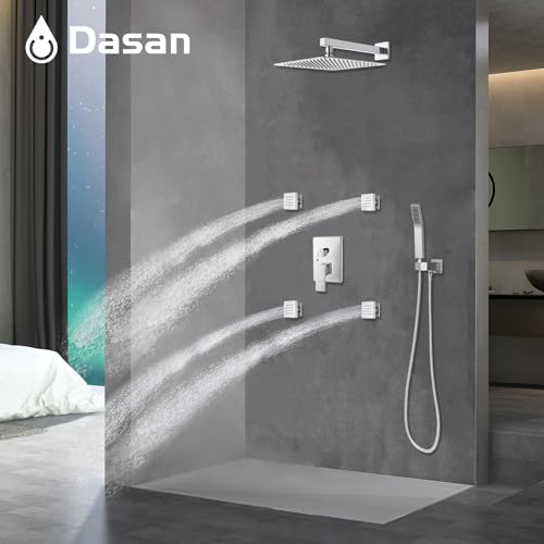 Full Body Rain Shower System with 4 Body Shower Jets & 12’’ Wall Mount Rainfall Shower Head & Handheld, DASAN Multi Shower Head System Chrome Rain Shower Faucets sets Combo with Rough-in Valve