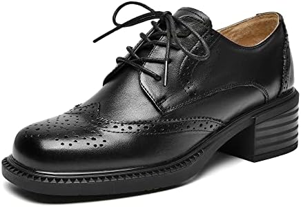 ZUYEE Women Chunky Oxford Shoes Perforated Lace-up Square Toe Classic Brogue,Low Block Heel Leather Pumps Dress Wedding Black Size 6.5