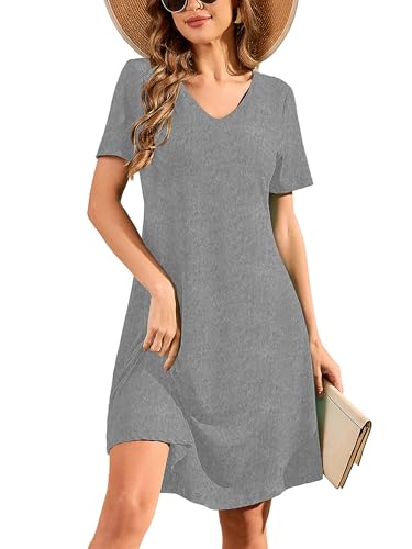 Image of DEARCASE Summer Dresses for Women V-Neck Short Sleeve T Shirt Dress Casual Flowy Swing Beach Vacation Mini Sundress