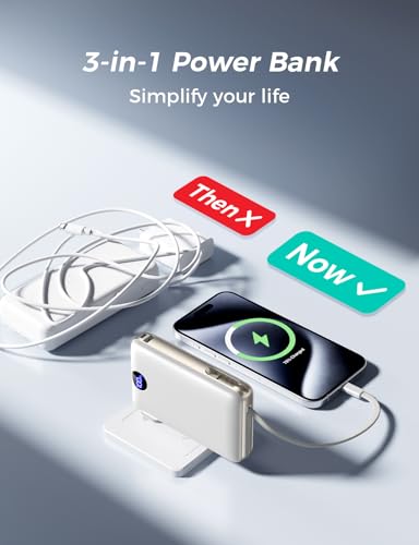 Image of Portable Charger 50000mAh with Built-in Cables and AC Wall Plug, 22.5W Fast Charging Power Bank with LED Display for iPhone 17 /16, Samsung, Android Devices, Camping, Road Trips and Travel, White
