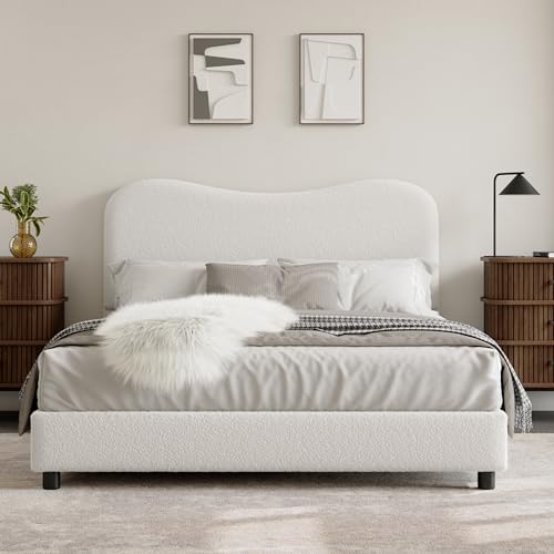 GarveeHome Upholstered Queen Bed Frame with Headboard, Upholstered Velvet Low Profile Platform Bed, No Box Spring Needed, Strong Wooden Slats, Noise Free, Easy Assembly, White