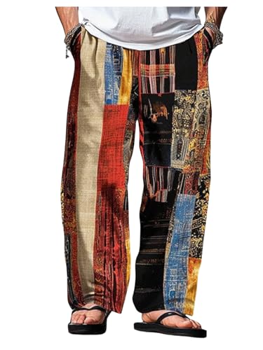 GORGLITTER Men's Patchwork Pants Drawstring Waist Wide Leg Baggy Wide Leg Pants Summer Vacation Beach Trousers