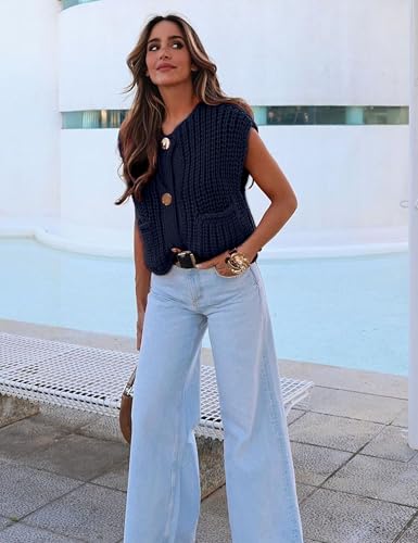 Women's Sleeveless Chunky Knit Top Casual Cropped Button Down Sweater Vest Open Front Cardigan with Pockets4