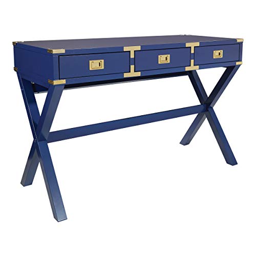 OSP Home Furnishings Wellington 46-Inch Writing Desk with Power Hub and 3 Storage Drawers, Lapis Blue