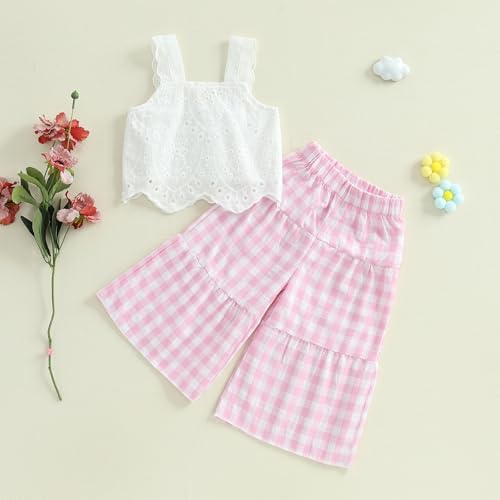 Toddler Girl Summer Outfits Eyelet Embroidery Cami Tops + Plaid Print Wide Leg Pants 2 Pcs Infant Girl Clothes Set2