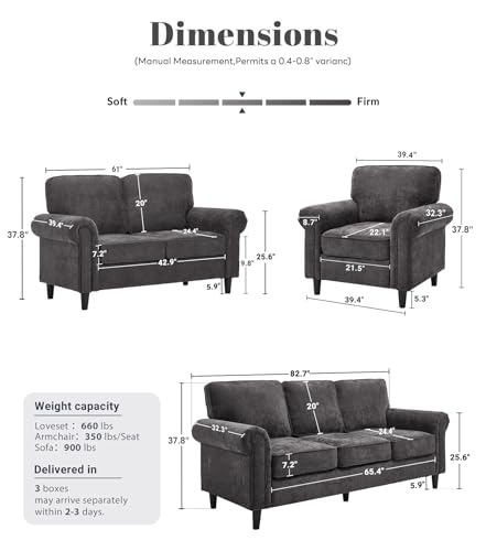 Image of Kingfun Loveseat 2&3 Seater Couch with Chair, Mid Century Modern Chenille Sofa Set with Rolled Arms and Deep Seats, Fluffy Comfort for Living Room, Apartment, Easy Assembly, Grey