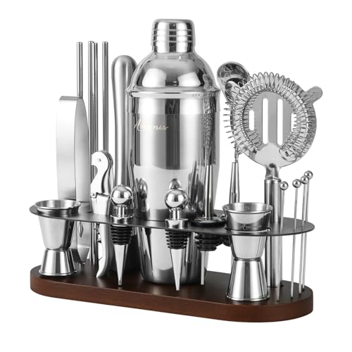 ASOVNIS Kit shaker à cocktails avec support | Ensemble de 23 pièces pour barman avec tous les accessoires essentiels : shaker à martini, doseur, pour la...