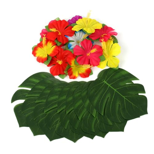 CIYODO 1Set Hawaiian Table Skirt Set Decorative Table Skirt with Monstera Leaves Hibiscus Flowers Umbrella Toppers Straws for Luau Party Decorations