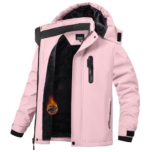 HotPoem Boys Winter Coat Jackets Snow Suit for Kids Cold Weather Fleece Warm Waterproof Insulated Softshell Ski Snowboard Jackets for Girls Windproof with Zip Pockets Hoode Pink 14-16