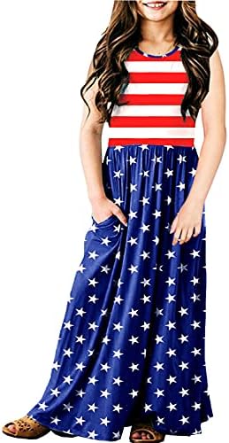 Girls July 4th Dresses Stars Stripes Kids Casual Beach Memorial Day Long Maxi Dress 11-12 Years