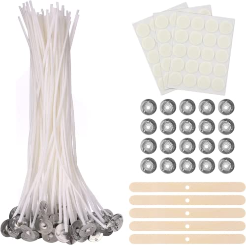 100 Pièces Meche Bougie, 15cm Mèche pour Bougie, Coton Mèche de Bougie avec 5 Supports Mèches en Bois, 60 Autocollants Double Face pour DIY Bougies Cover
