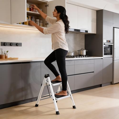 Image of Plantex 2 Step Ladder for Home Use /Wide Anti-Slip Heavy-Duty Step Stool /Lightweight Kitchen Ladder (White)