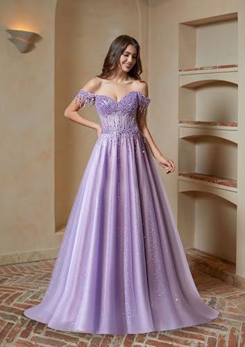 Off Shoulder Beaded Prom Dresses Sparkly Tulle Ball Gown Flowy A Line Formal Evening Dress3