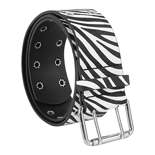 Women's Faux Leather Waist Belt Zebra Print Double Studded Holes Punk Waistband for Jeans Pants Dress3
