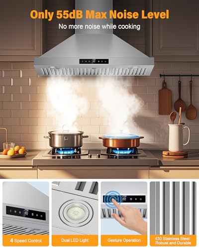 36 Inch Wall Mount Range Hood 1200CFM, 4 Speed Remote Control Kitchen Wall Mount Range Hood with Motion Sensor & Adjustable LED Lighting Ducted/Ductless Convertible Pro Series