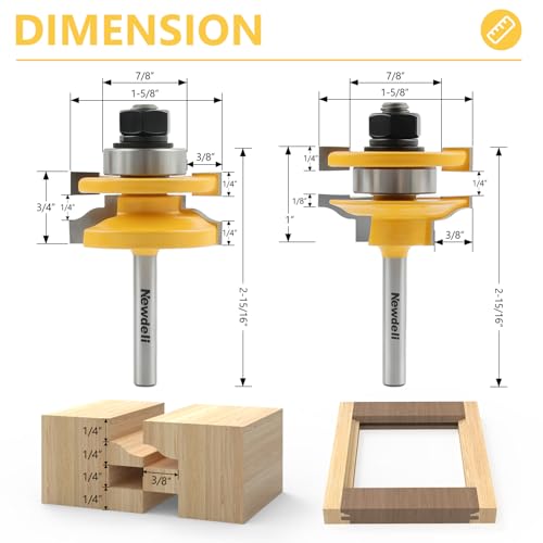 Image of Newdeli 3Pcs Raised Panel Router Bits 1 /4 inch Shank Cabinet Door Router Bit Set (Tenon Cutter Diameter: 1-5 /8 inch) Ogee Rail and Stile Router Bits Tongue and Groove Router Bit Set Cabinet Making Tools