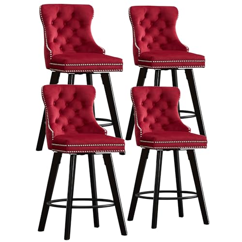 Image of YITAI Modern Swivel Set of 4 Velvet Barstools with Large Backrest and Sturdy Metal Footrest,Button Tufted Rivet Trim Dining Room Chairs with Metal Pull Ring for Kitchen Island,Home Bar,Bistro, Red