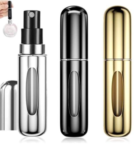 ETISEN, 3 Pieces 5ml Perfume Atomizer, Refillable Perfume Sprayer, Mini Portable Spray Bottle, Perfume Bottle Sprayer with Window, Travel Voucher (Black, Silver, Gold) ETISEN, 3 Pieces 5ml Perfume Atomizer, Refillable Perfume Sprayer, Mini Portable Spray Bottle, Perfume Bottle Sprayer with Window, Travel Voucher (Black, Silver, Gold)