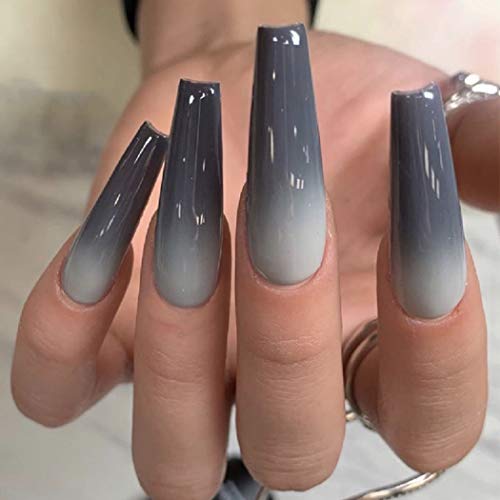 Ombre Extra Long Press on Nails Coffin Ballerina Gradeint Fake Nails Super Long False nails Acrylic Halloween Christmas Nails for Women and Girls 24Pcs (Gray)