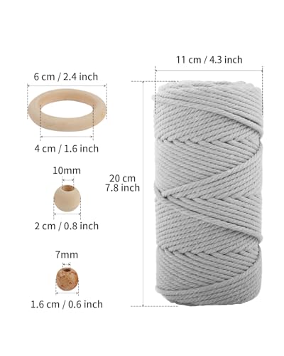 Image of ZUEXT Macrame Cord, Light Grey, 6mm x 109yds Cotton String Macrame Yarn | 100% Natural Handmade, 4 Strands Twisted Cotton Rope, For Wall Hanging Plant Hangers Gift Wrapping Tapestry DIY Crafts, 100m