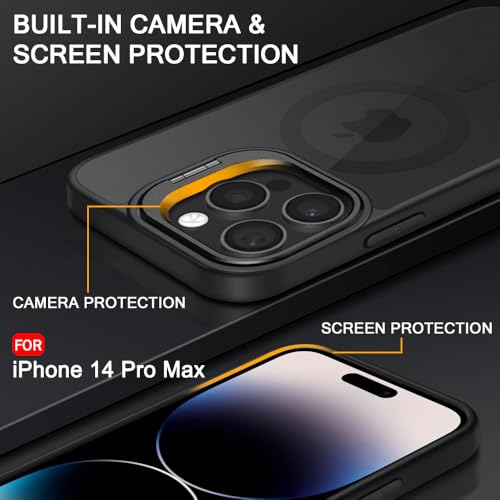 Image of TheGiftKart Hybrid Matte Frosted Back Cover Case for iPhone 14 Pro MAX Compatible with MagSafe | Built-in Stand | Shockproof Hard Back Case Cover for iPhone 14 Pro MAX (PC & TPU, Translucent Black)