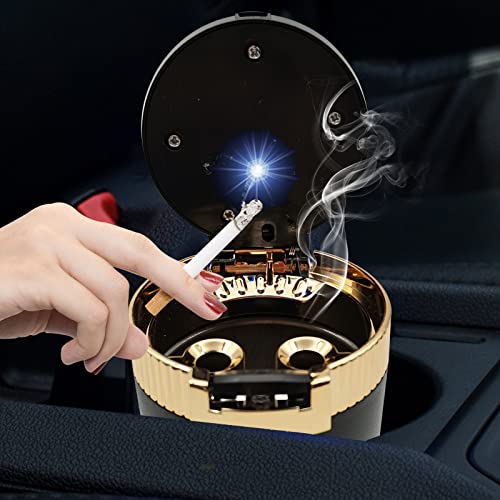 Image of 1Pcs Car Ashtray with Lid Portable Ash Tray, Easy Clean Up Detachable Stainless Car Ashtray with Blue Light Windproof for Outdoor Travel (Gold)