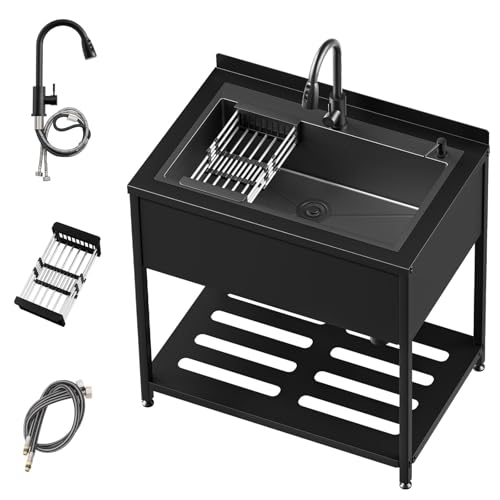 Image of Stainless Steel Utility Sink, 36.6 inch x 24.2 inch x 36.6 inchFreestanding Sink with Cold and Hot Water Faucet,Hoses and Drain Kit for Kitchens, Bathrooms, Garage, Laundry Room