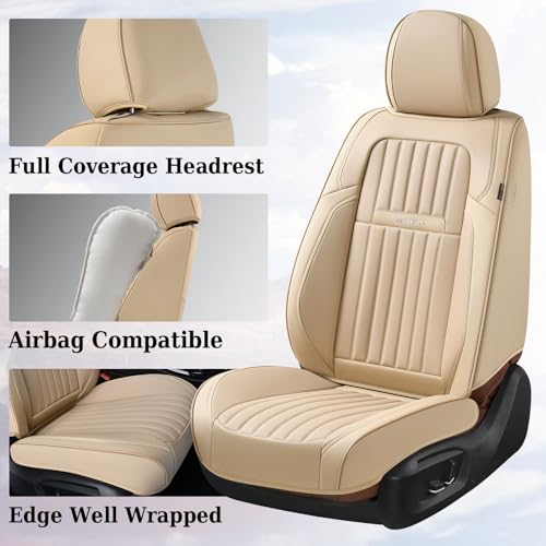 Image of Coverado Front and Back Seat Covers for Cars, Nappa Leather Car Seat Covers, Automotive Seat Covers for Trucks, 5 Seats Waterproof Carseat Protector Car Seat Cover Beige, Universal Fit for Most Cars