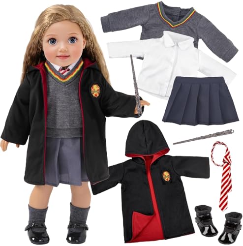18 Inch Doll Clothes - 8 Pcs Inspired Magic School Costume Uniform Outfit Doll Accessories with Magic Wand & Robes Gift for Girls (No Doll)