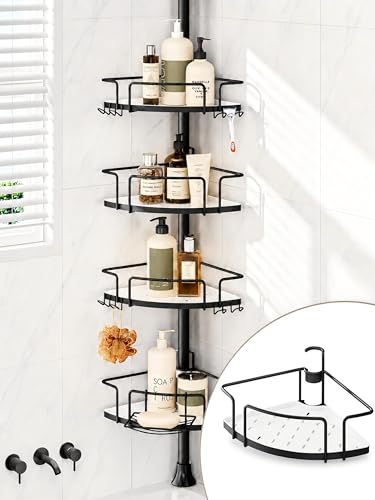 ALLZONE Corner Shower Caddy Tension Pole 4 Hang-On Basket with Mixed-Height Shelves for Various Bottle Sizes Extra Hooks & Soap Holder Rustproof Stainless Steel Fits 34116 Inch Black/White
