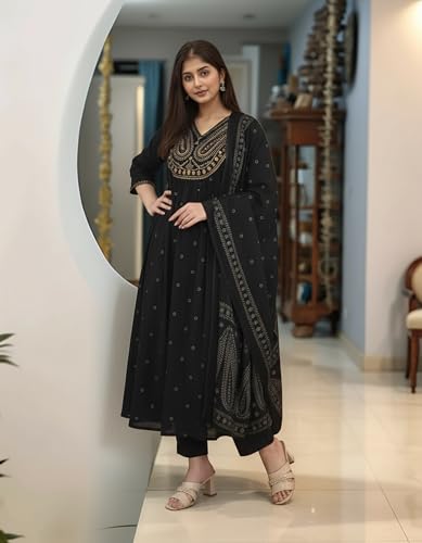 Image of ANNI Designer Women's Rayon Viscose Printed Embroidered Anarkali Kurta with Pant & Dupatta | Ethnic Kurti Set with Embroidery | Soft Comfortable Fabric | Stylish Outfit for Festive, Office