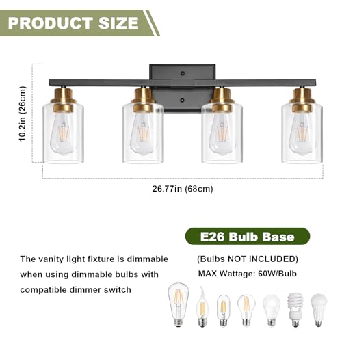 Image of Unicozin Modern Bathroom Light Fixtures, 4 Light Vanity Lights Over Mirror, Black and Gold Wall Lamp with Clear Glass for Living Room Cabinet Bedroom Porch