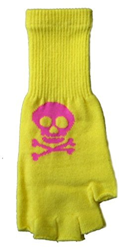 Yellow and pink skull and crossbones fingerless texting gloves pu…