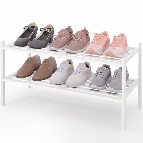 Image of Smiry Bamboo Shoe Rack, 5 Horizontal Slats, 2 Tier - 26.8 inch Wide, White