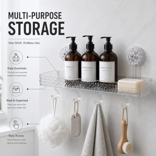 Image of UNTERI-PRO Acrylic Set of 1 Wall Mounted Bathroom Shelf Organizer| Shower Caddy with Hooks, Multipurpose Shower Storage Rack for Shampoo, Soap, Bottles, Towels & Bathroom Accessories