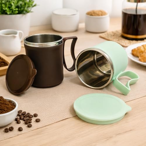 Image of Insulated Stainless Steel Coffee Mug with Lid, 300ml, Double Wall, Reusable Travel Mug for Home & Office (Brown - Pastel Green)