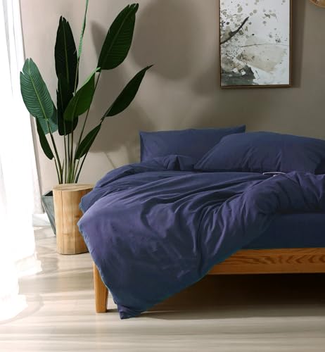 Image of F.Y.Dreams 100% Washed Cotton Duvet Cover for Weighted Blanket 80x87 inches with 16 Ties, Zipper on Long Side /Navy BlueJust Duvet Cover