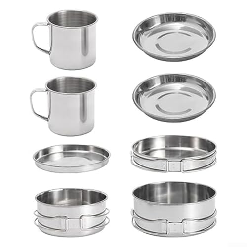 Juego completo de utensilios de cocina de camping de 8 piezas con olla pequeña, olla grande, sartén, tazas y platos