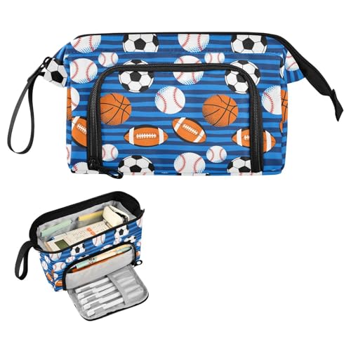 Image of Soccer Balls Blue Pencil Case Pouch Big Capacity Pencil Bag Box Organizer Pen Case with Handle Stationery Organizer for Kids Boys Girls Women College Office