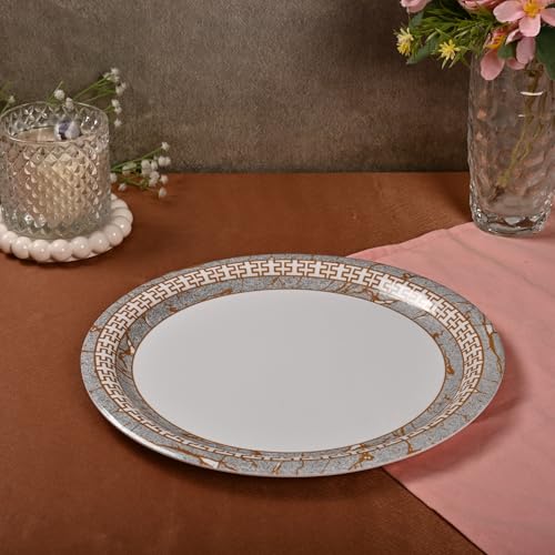 Image of Golden Fish 24 Pcs Dinner Set with Covered Donga for 6 | 6 Full Plates, 6 Quarter Plates, 6 Veg Bowls, 2 Donga with Lid & 2 Serving Spoons | Hygienic Serving Set for Home Dining & Hosting