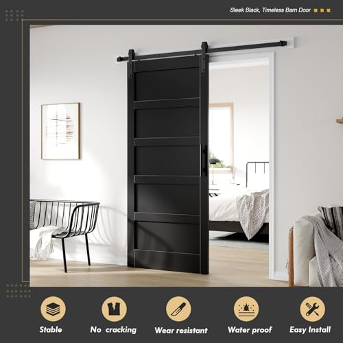 Image of Fredbeck 36x84 inch Black Barn Door with 6.6FT Hardware Kit,Modern,5-Panels
