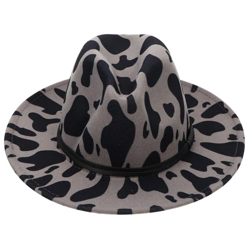 Homoyoyo Cow Pattern Woolen Jazz Hat Adjustable Big Brim Cap Fashion Flat Edge Design for Dinner Parties Casual Wear Texture Comfortable Fit Grey