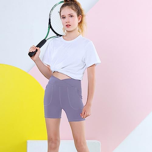 Girls Athletic Shorts Slim Tummy Control V Cross Waist Short Leggings Bike Volleyball Dance Gymnastics Shorts with Pockets2