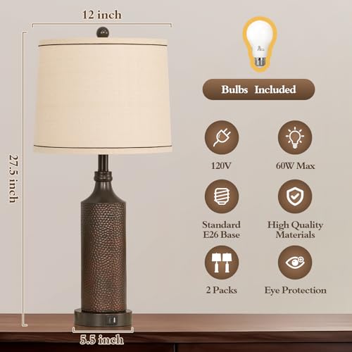 Aidenoey HYZC680 27.5 Inch H 3-Way Dimmable Touch Control Table Lamp Set Of 2,Vintage Bedside Lamp Nightstand Lamps With Usb A+C Ports, Black Brown Finish Resin Table Lamp, For Living Room,Bedroom,Office thumb #4