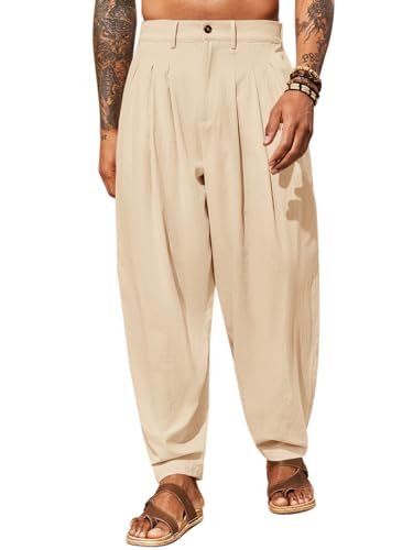 Runcati Mens Linen Baggy Pants Pleated Casual Harem Pants Beach
