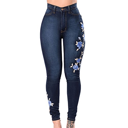 CHICFOR Womens High Waist Slim Fit Flower Embroidery Skinny Pencil Denim Jeans with Pocket (XL, Dark Blue)