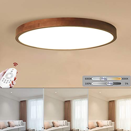 LED Deckenlampe Schlafzimmer Walnuss Holz leuchte Dimmbar Schlafzimmer Modern Deckenleuchte mit Fernbedienung Rund Massivholz Acryl Design für Wohnzimmer Hotel Küche Kinderzimmer Holzlampe, Ø40cm 20W Cover